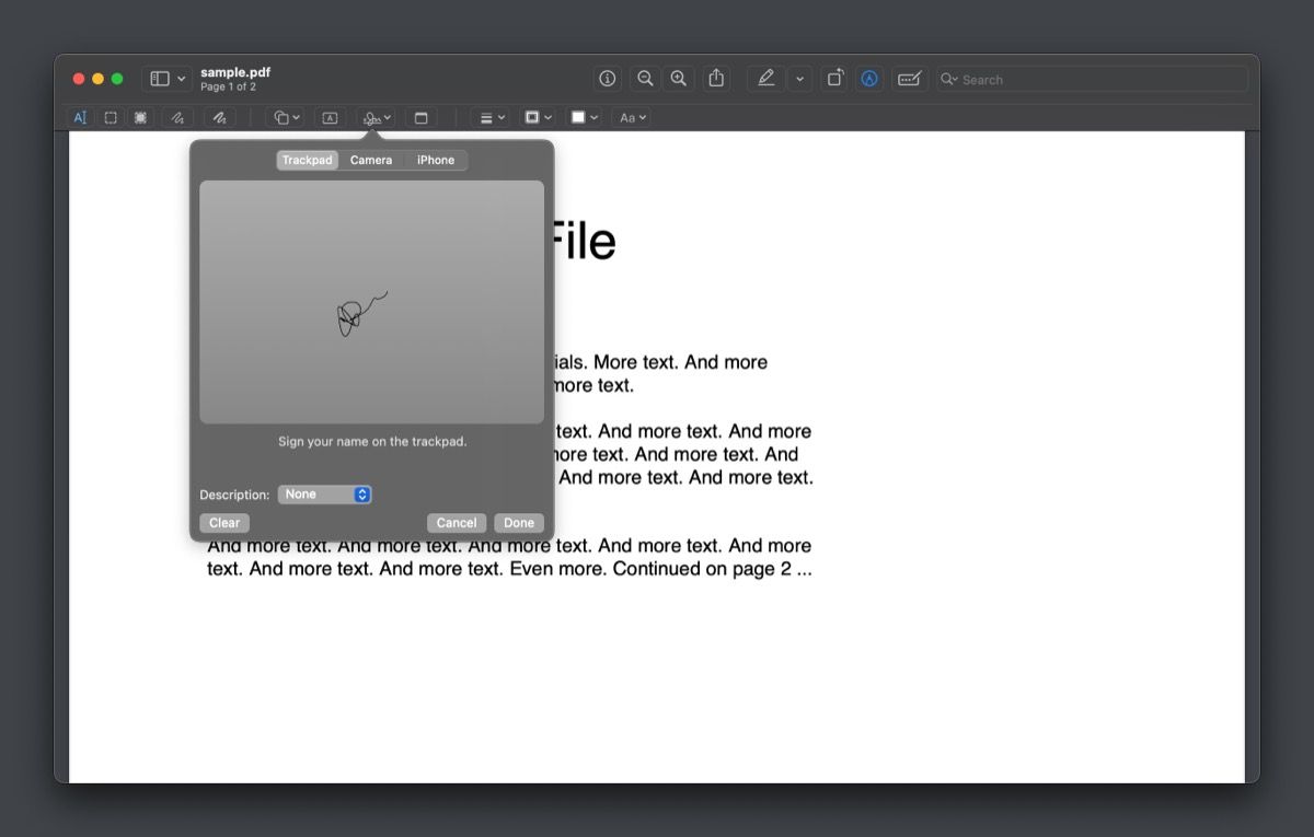 vẽ chữ ký trên PDF trong Bản xem trước bằng bàn di chuột của Mac