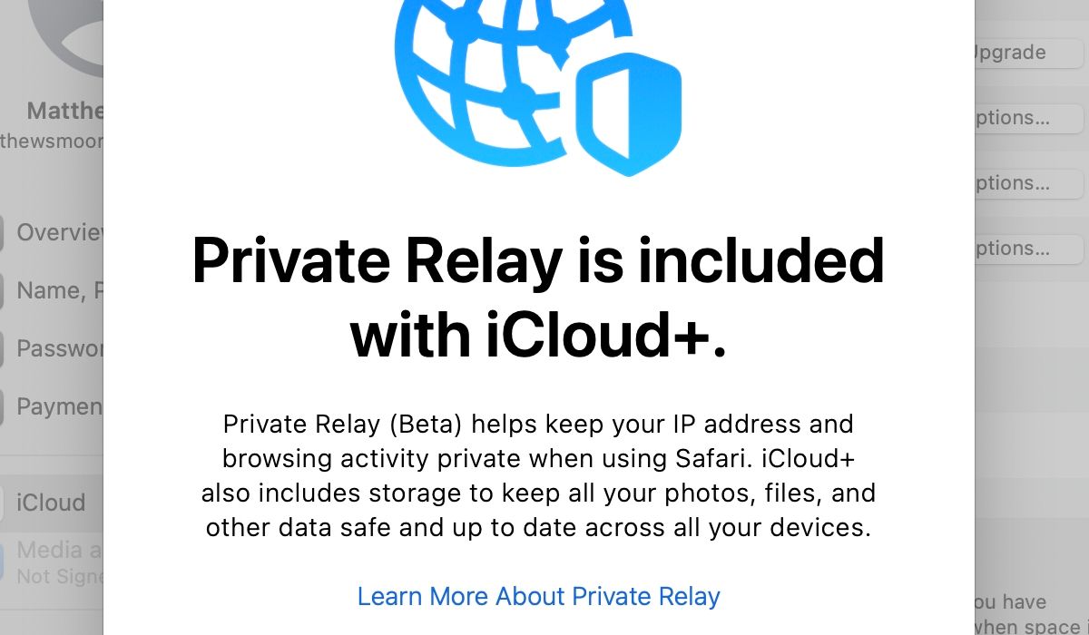 Cửa sổ nâng cấp chuyển tiếp riêng của Mac iCloud
