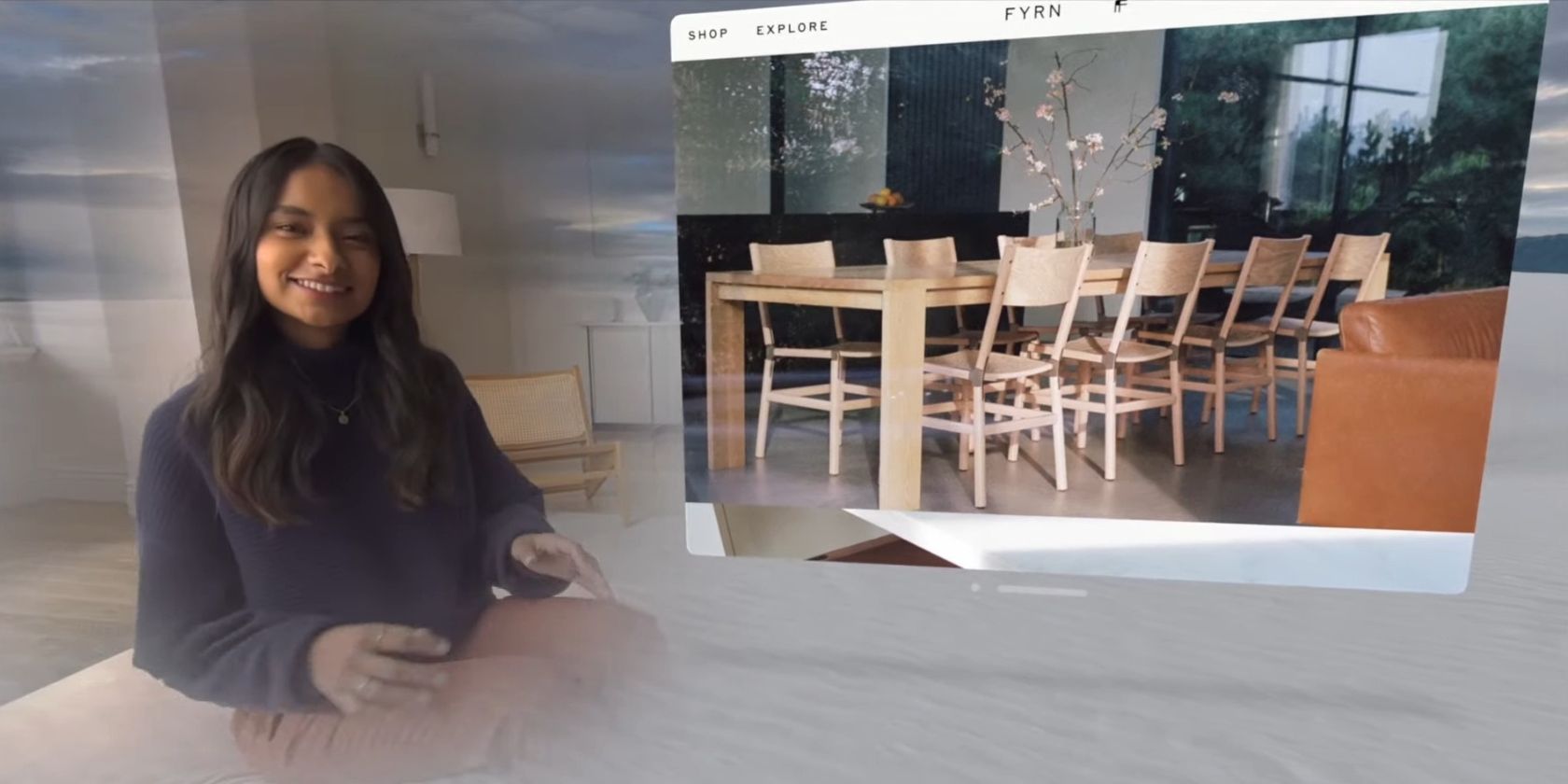 Góc nhìn thứ nhất khi nói chuyện với một người bạn trong khi đeo tai nghe Apple Vision Pro trong thực tế tăng cường