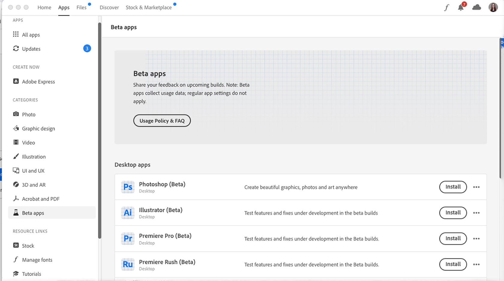 Ứng dụng Creative Cloud Beta.