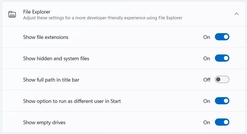 phần File Explorer của trang Dành cho nhà phát triển trong cài đặt Windows