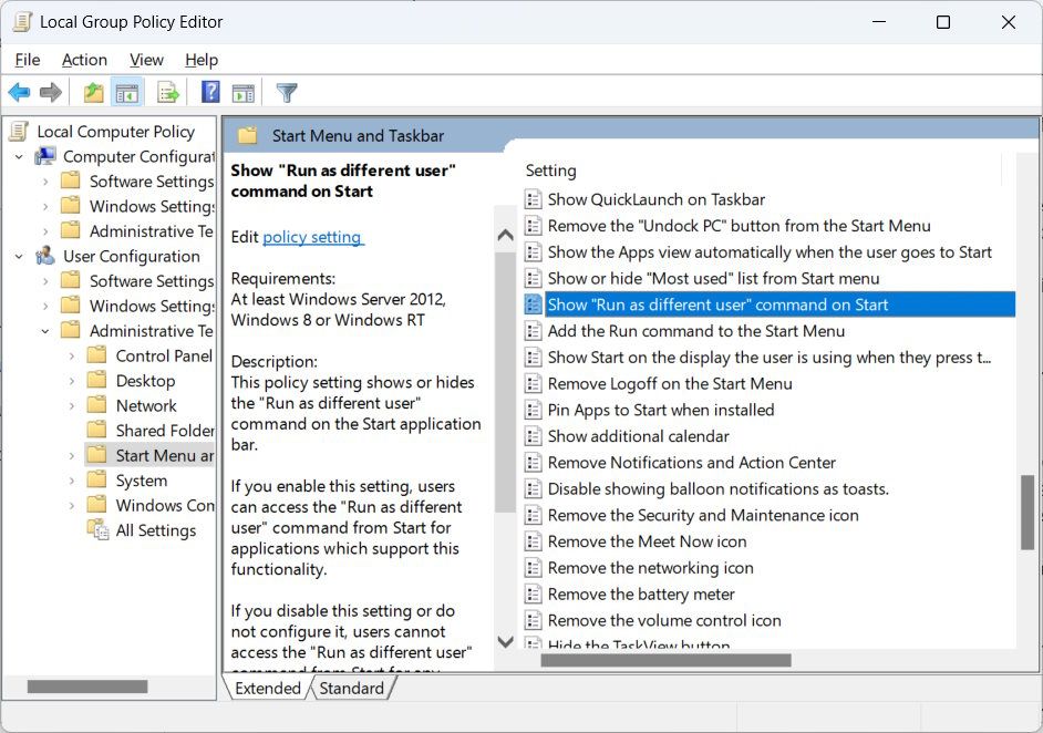 Lệnh Show Run as different user trên chính sách Start trong Local Group Policy Editor trên Windows