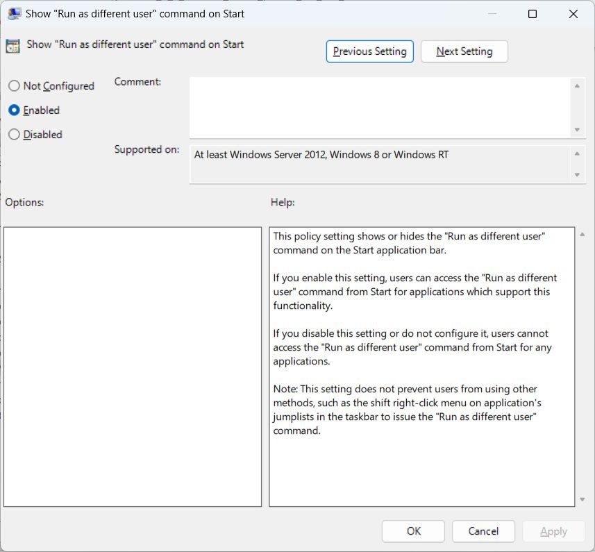 Chỉnh sửa lệnh Show Run as different user trên chính sách Start trong Local Group Policy Editor trên Windows