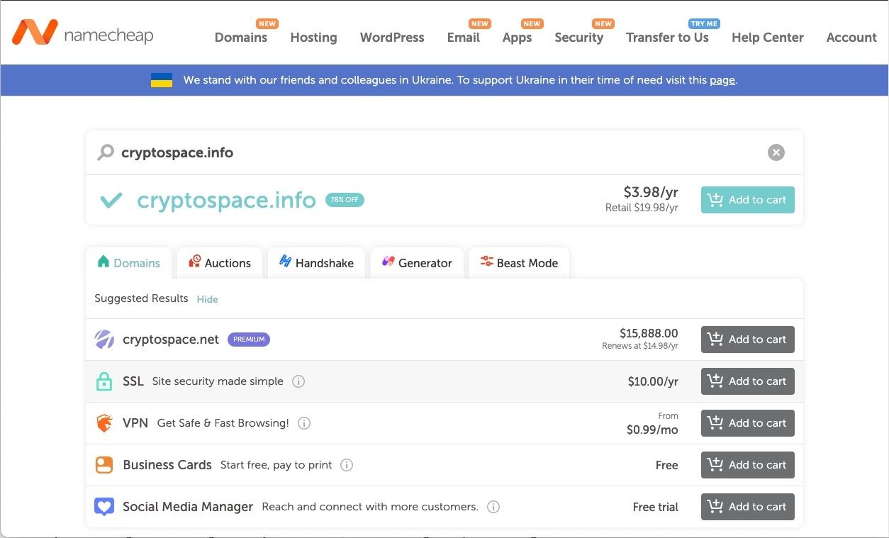 Một ví dụ tra cứu tên miền trên Namecheap