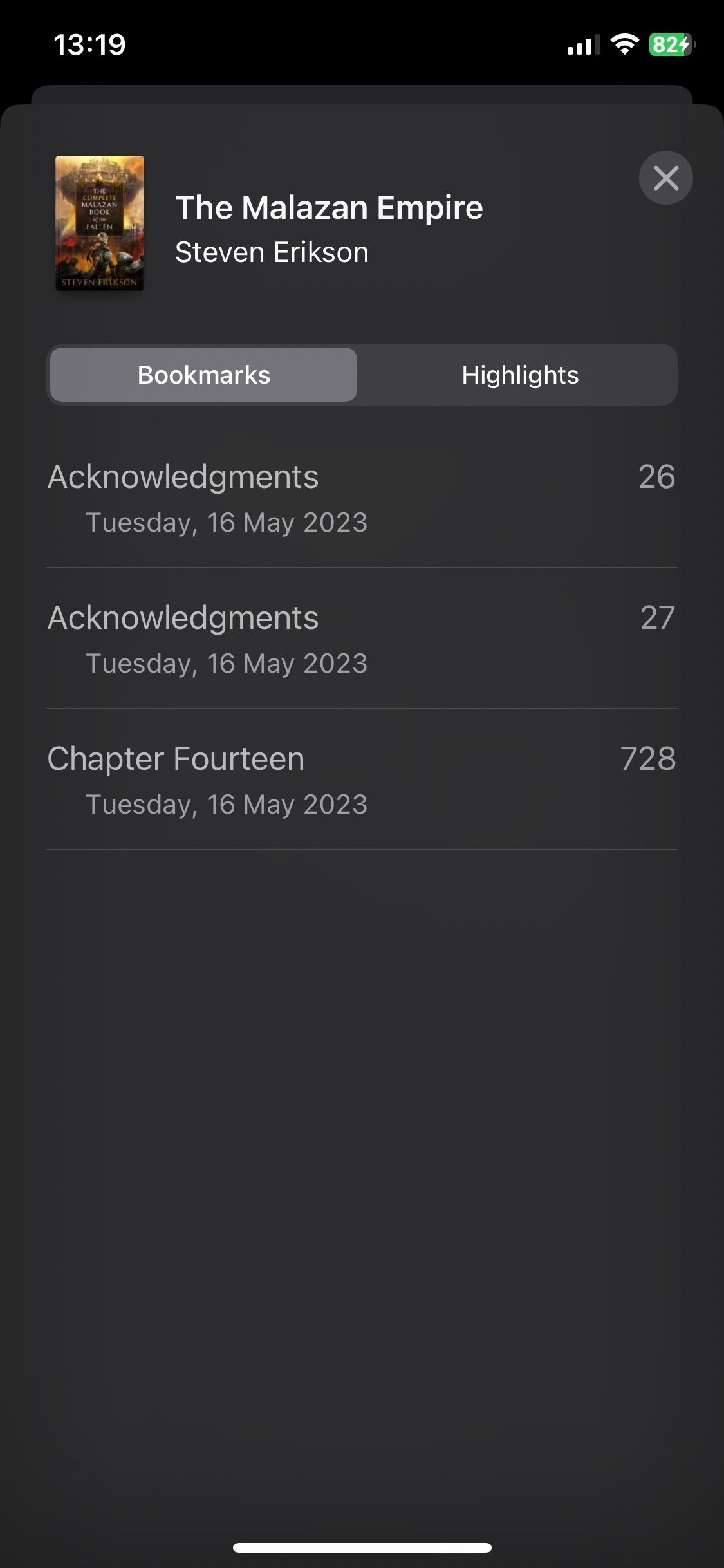 Danh sách dấu trang trong ứng dụng Sách