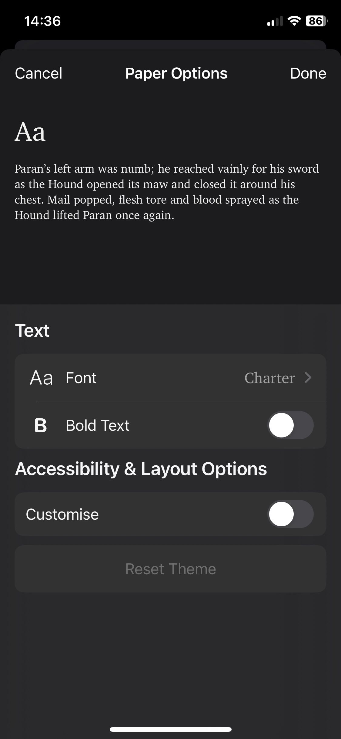 Menu Tùy chọn giấy trong Apple Books