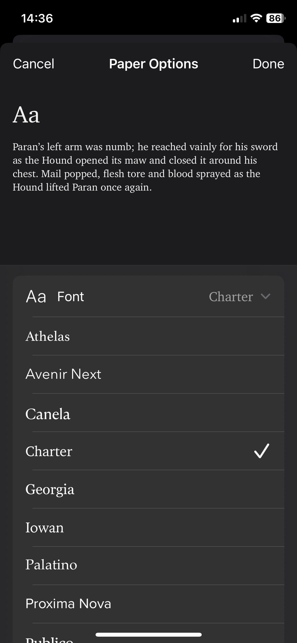 Danh sách phông chữ trong menu Tùy chọn giấy trong Apple Books