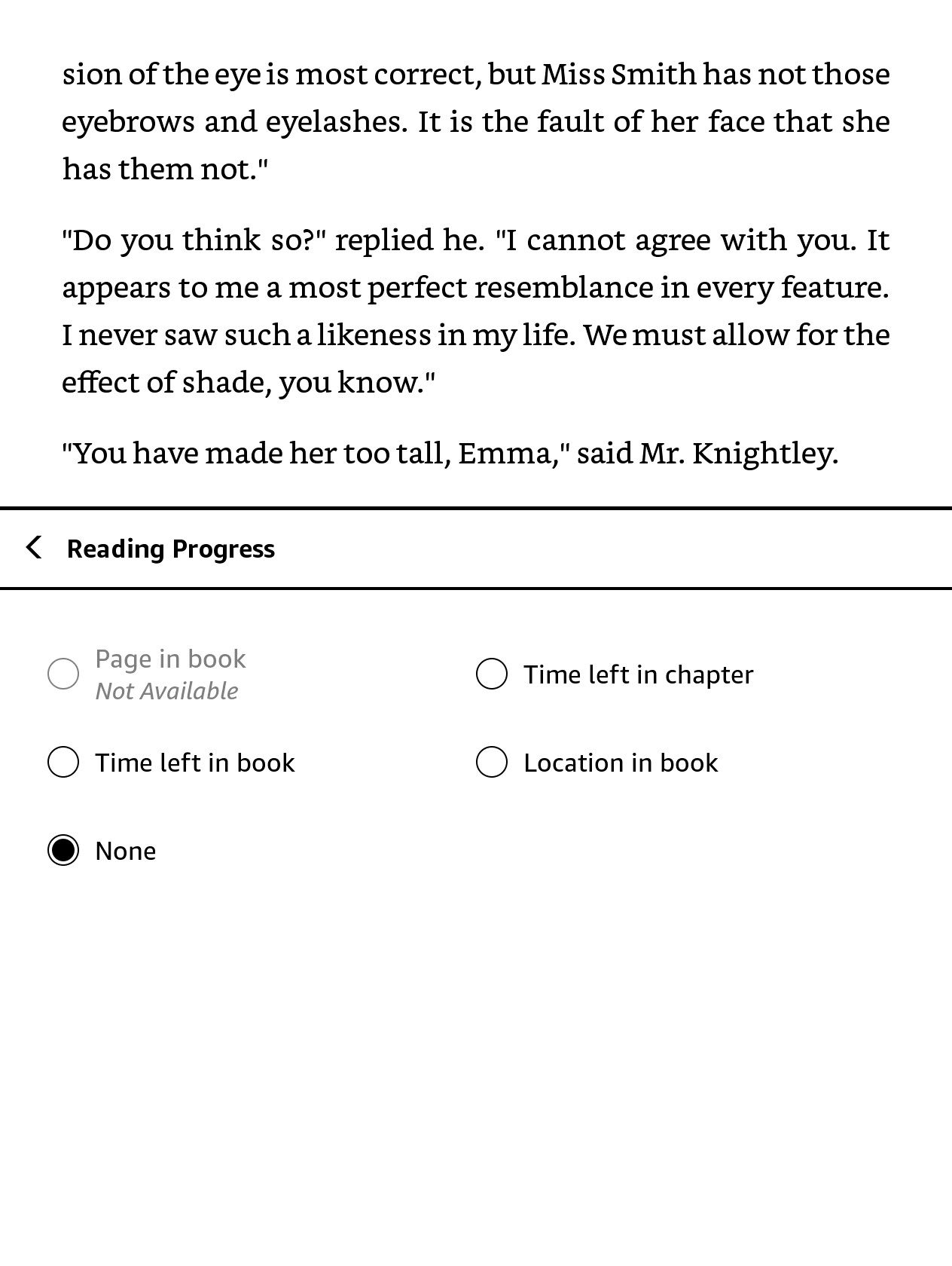 Ảnh chụp màn hình của Kindle hiển thị các tùy chọn tiến trình đọc
