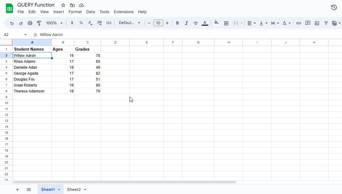 Trang tính mẫu chứa thông tin gốc cho truy vấn trang tính