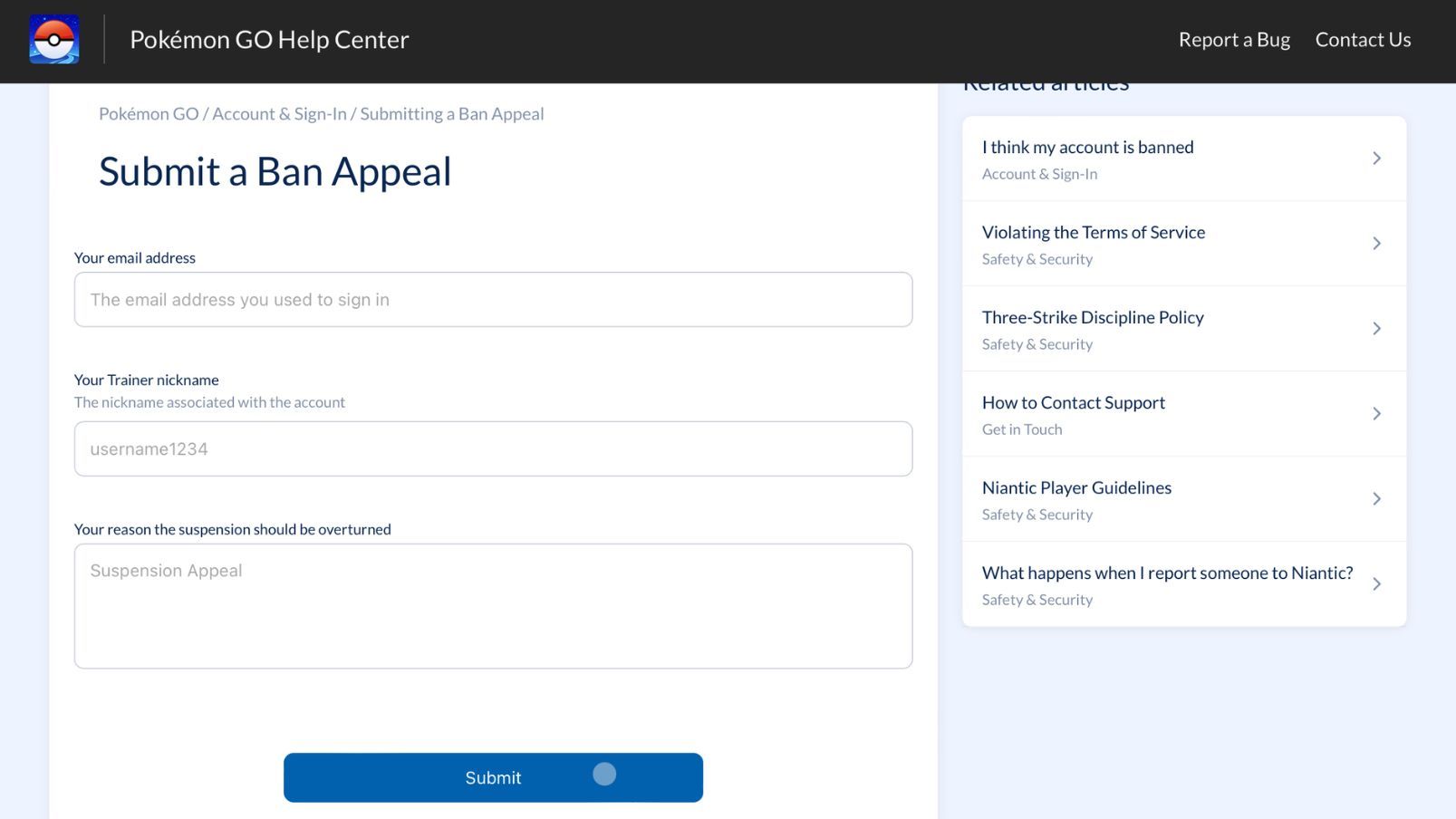 Biểu mẫu khiếu nại lệnh cấm và đình chỉ Pokemon GO