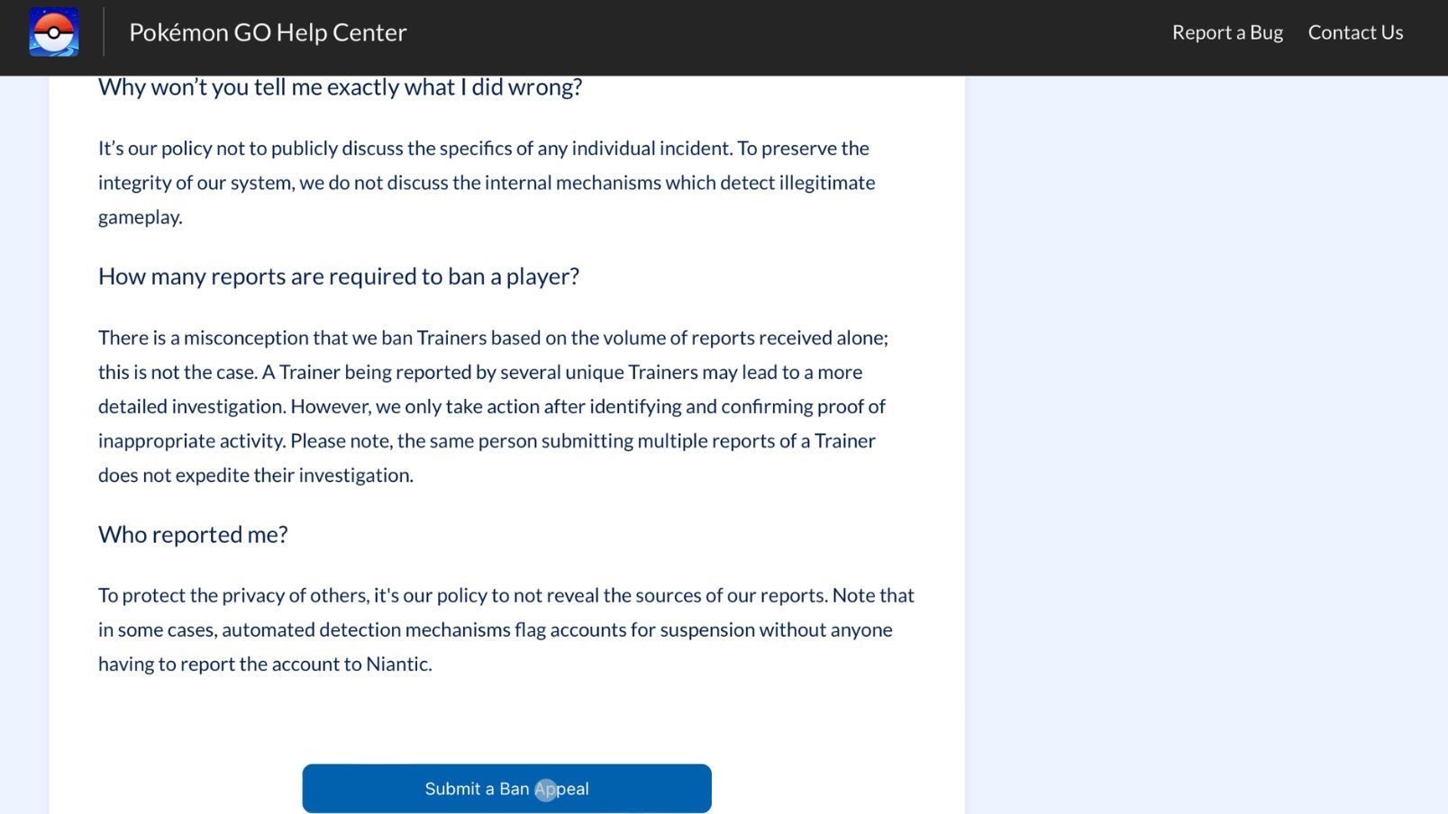 Trang khiếu nại lệnh cấm Pokemon GO