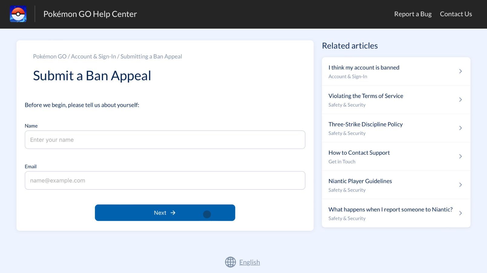Biểu mẫu khiếu nại lệnh cấm Pokemon GO