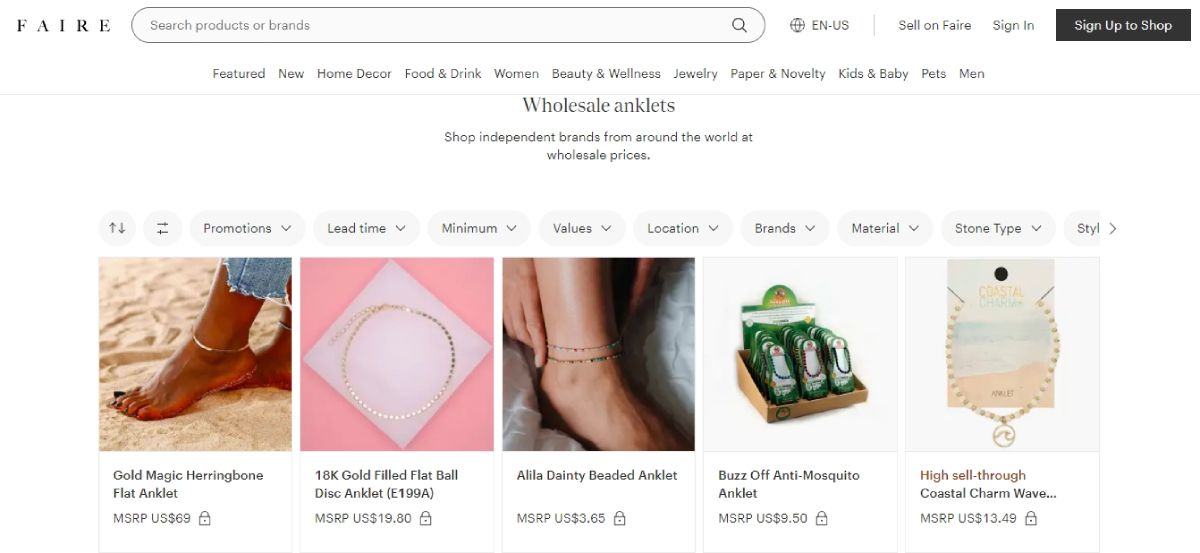 Vòng chân với giá bán buôn trên Faire