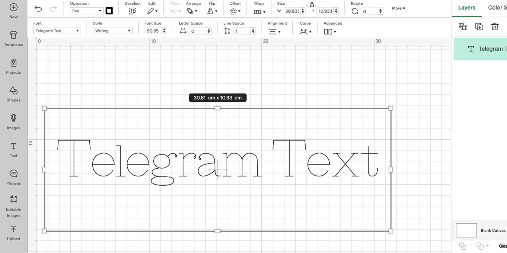 Văn bản Telegram trong không gian thiết kế Cricut