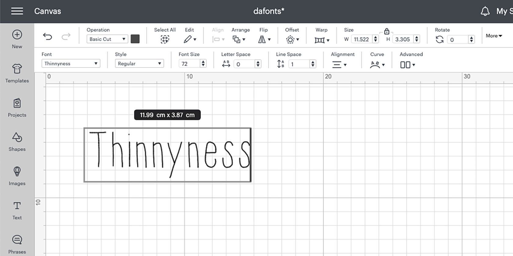 Phông chữ Thinnyness được viết trong Cricut Design Space.