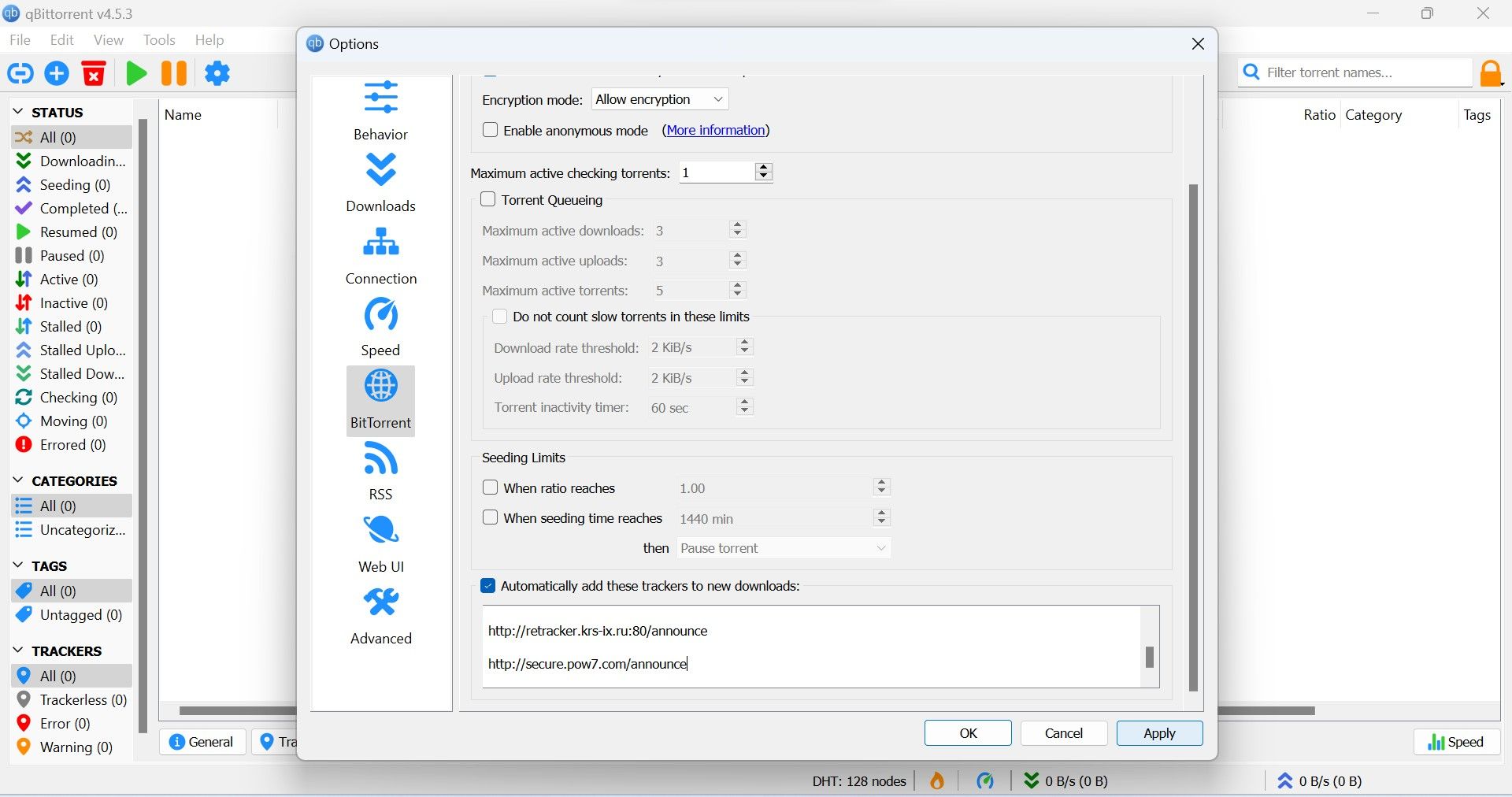 Nhấn OK sau khi thêm danh sách các trình theo dõi torrent đã cập nhật vào hộp ở cuối tab BitTorrent của qBittorrent