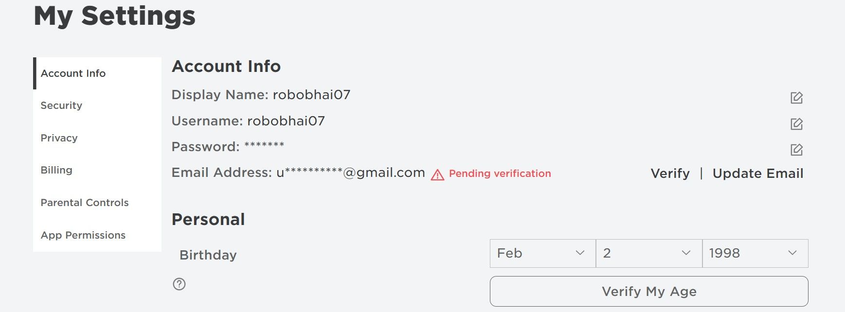 Nhấp vào Xác minh tùy chọn tuổi của tôi trong Cài đặt Robloxs