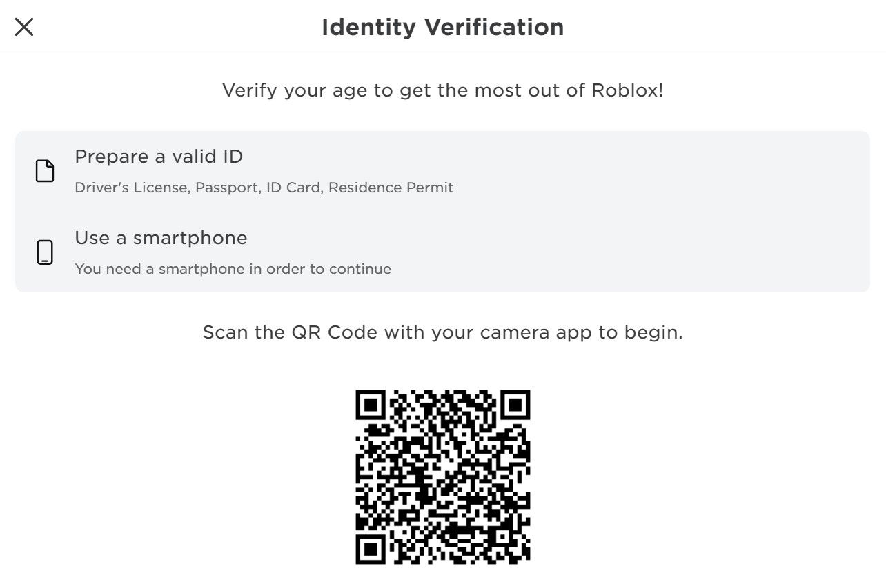 Quét mã QR trong Cửa sổ xác minh danh tính trên trang web Robloxs