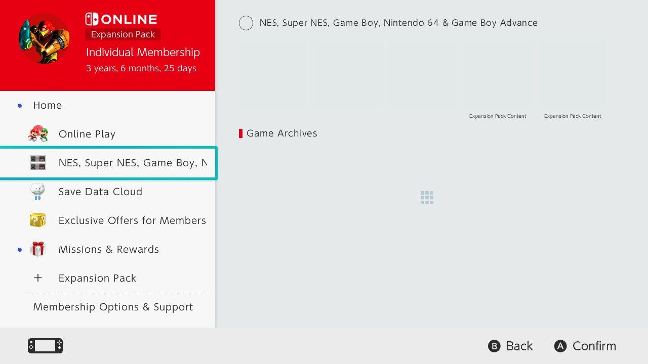 Ảnh chụp màn hình menu chính của Nintendo Switch Online với các tùy chọn mô phỏng được tô sáng 