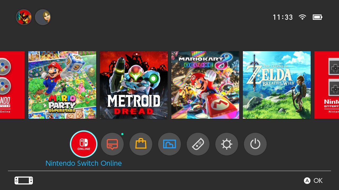 Ảnh chụp màn hình Màn hình chính Nintendo Switch với Nintendo Switch Online được tô sáng 