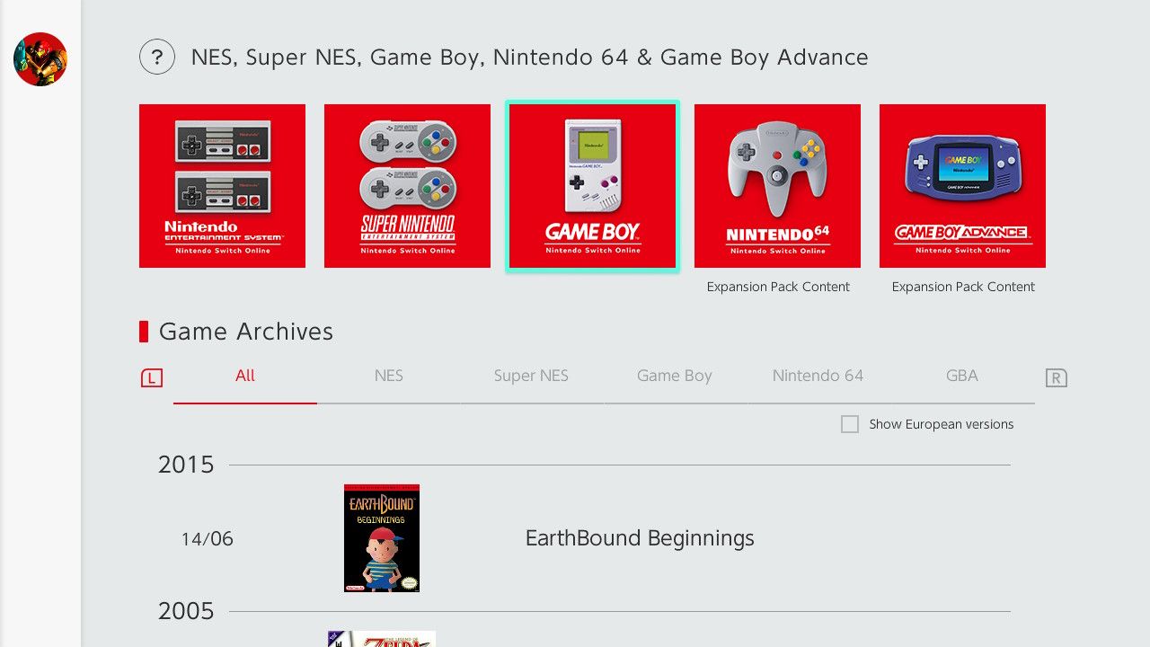 Ảnh chụp màn hình của các trình giả lập Nintendo Switch Online có sẵn với Game Boy được tô sáng 