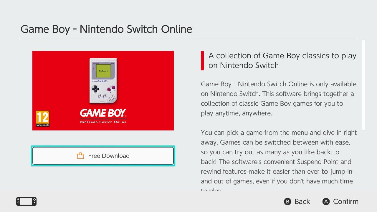 Ảnh chụp màn hình danh sách Game Boy Nintendo Switch Online với Tải xuống miễn phí được làm nổi bật 