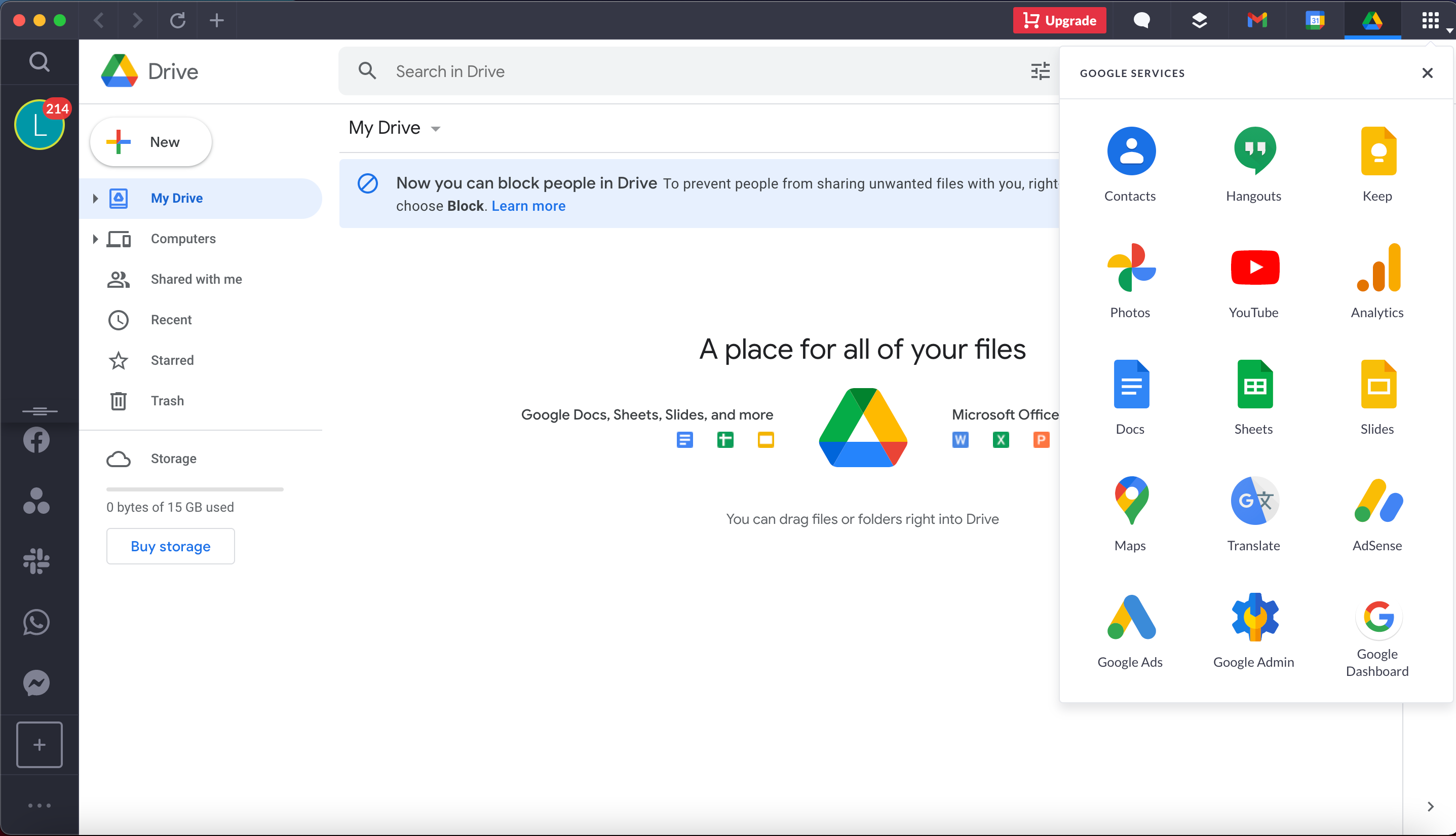 Ảnh chụp màn hình ứng dụng nhắn tin tất cả trong một có tên Shift hiển thị tích hợp Google Drive.