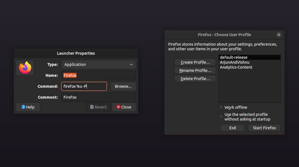 Hình ảnh hiển thị hộp thoại Launcher Properties và Choose User Profile của Firefox