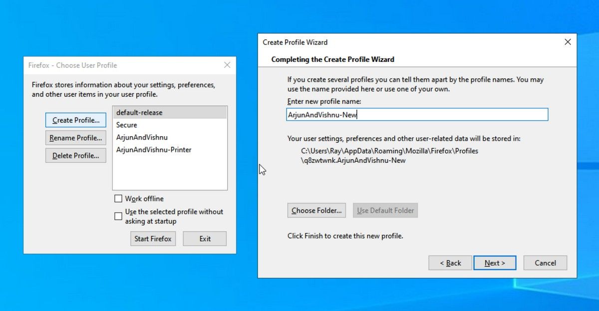 Ảnh chụp màn hình hiển thị việc tạo hồ sơ mới trong Firefox