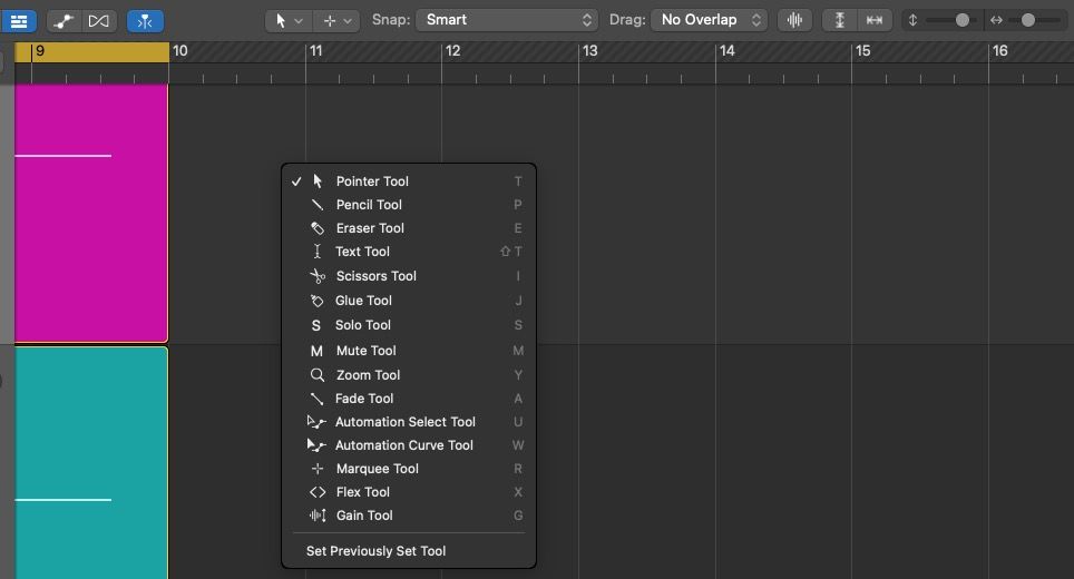 Nhấp chuột trái vào Menu Công cụ trong Logic Pro X
