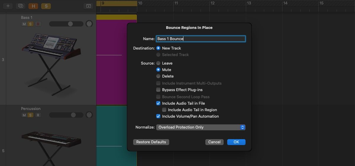 Menu Thoát tại chỗ trong Logic Pro X