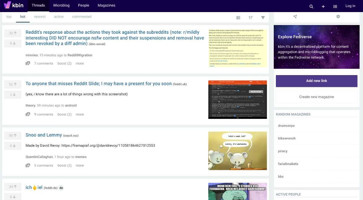 Kbin vận hành một giải pháp thay thế Reddit trên mạng được liên kết và cũng tạo ra một giải pháp thay thế Twitter