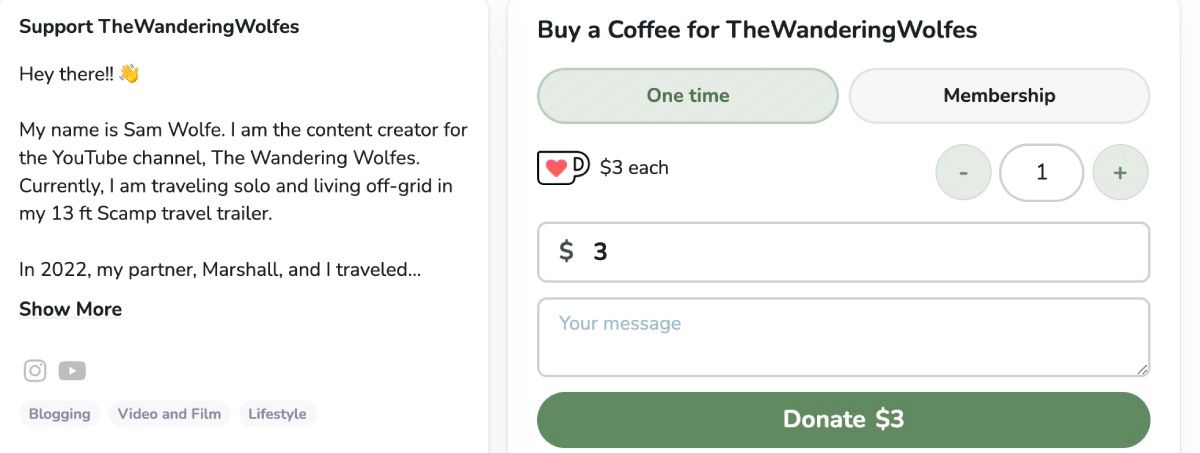 Ko-fi Quyên góp một lần với Khẩu hiệu mua cà phê
