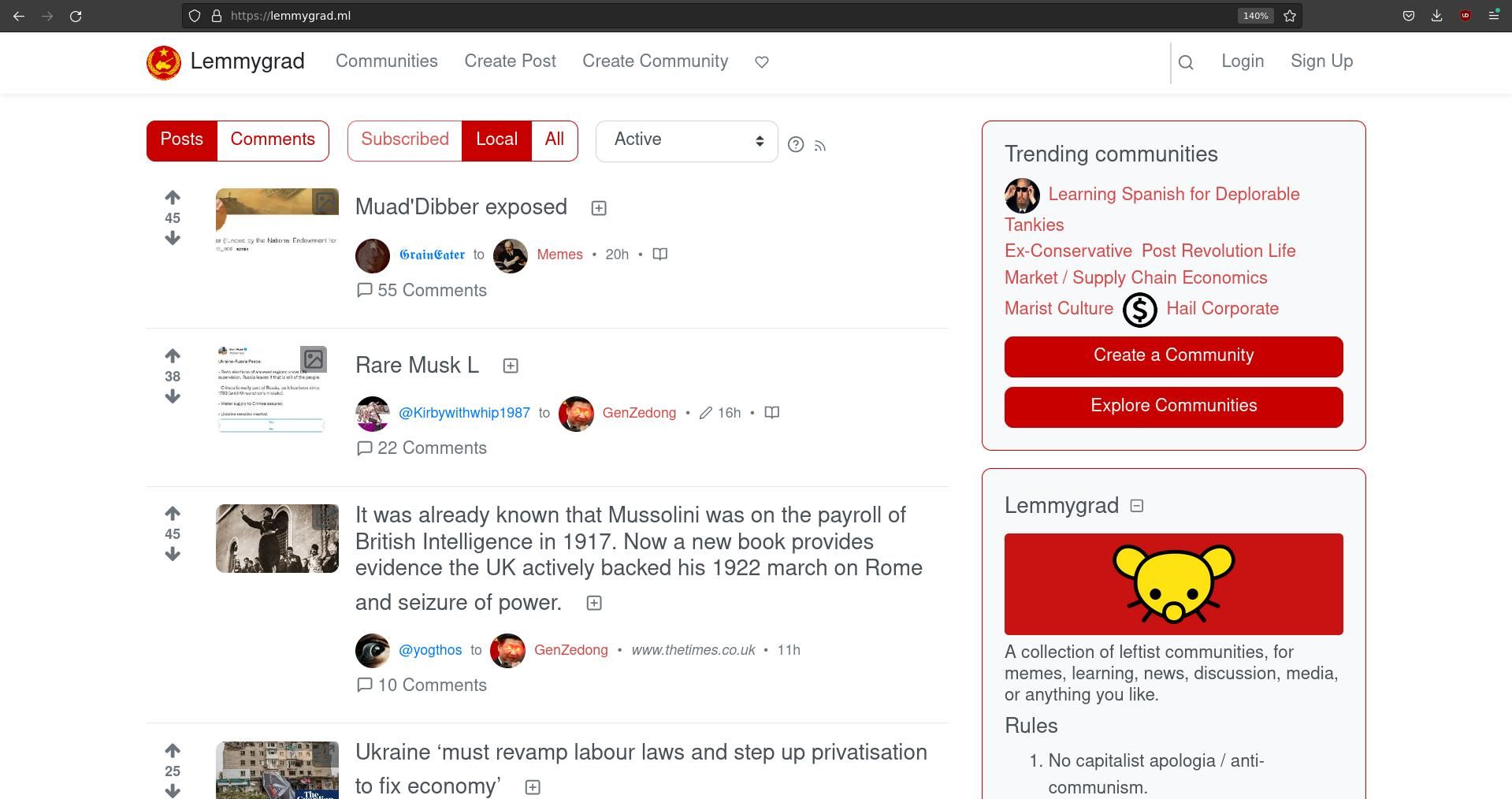 Giao diện người dùng của phiên bản Lemmygrad Lemmy