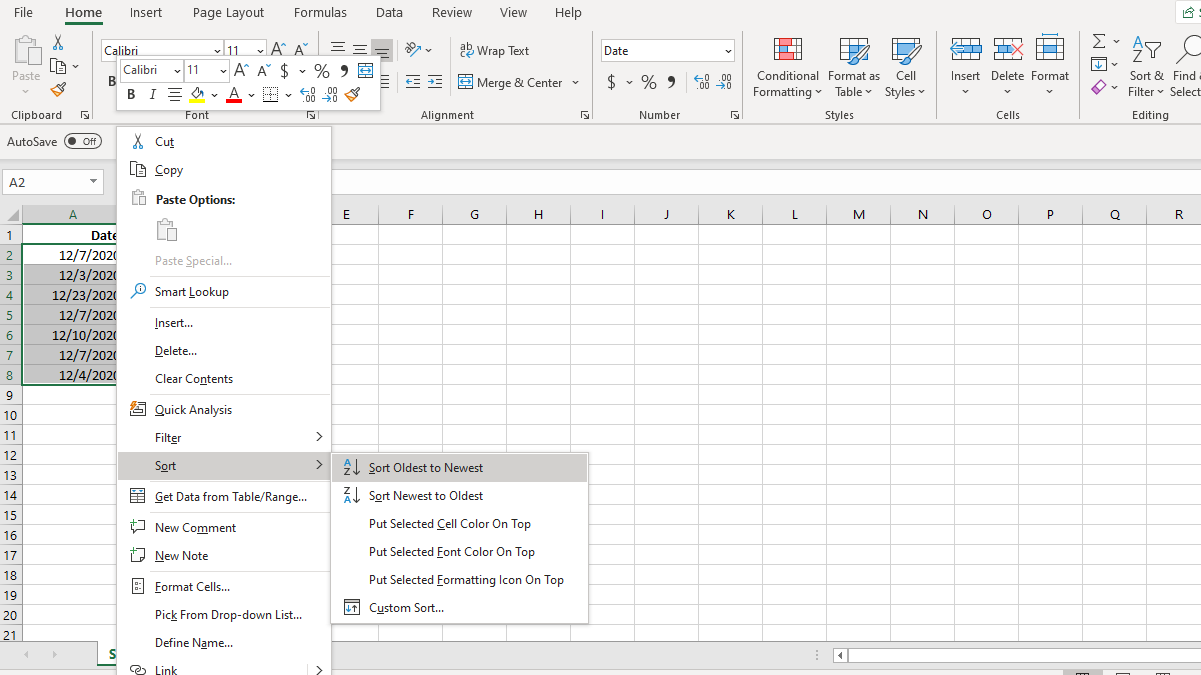 Ảnh chụp màn hình Excel Sắp xếp cột theo ngày Nhấp chuột phải