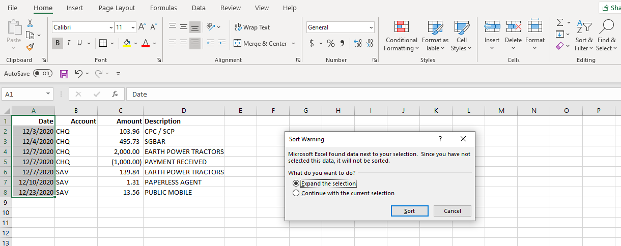 Ảnh chụp màn hình Cảnh báo Sắp xếp Excel