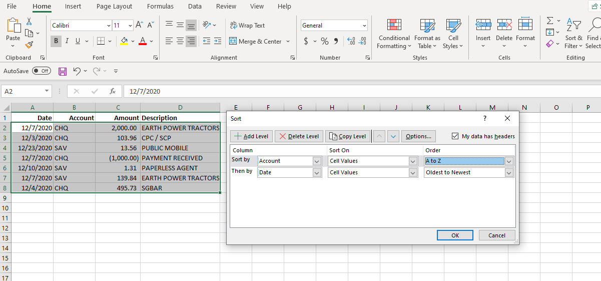 Ảnh chụp màn hình Excel Sắp xếp theo nhiều danh mục