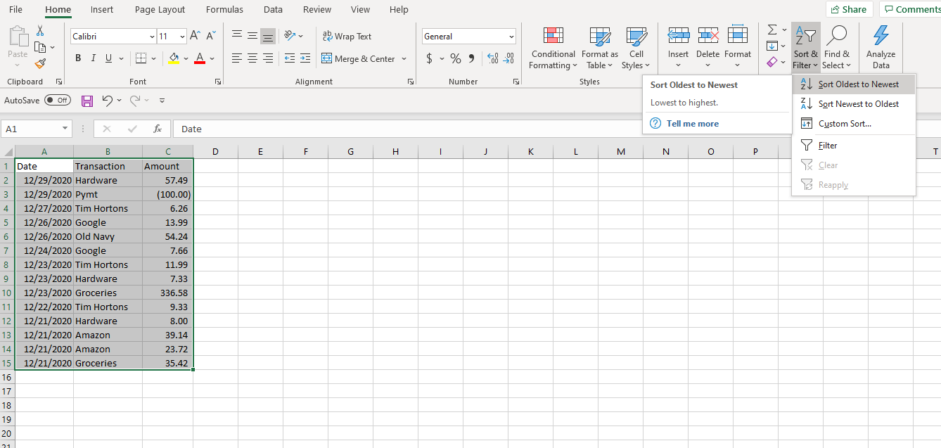 Ảnh chụp màn hình Excel Sắp xếp tăng dần theo ngày