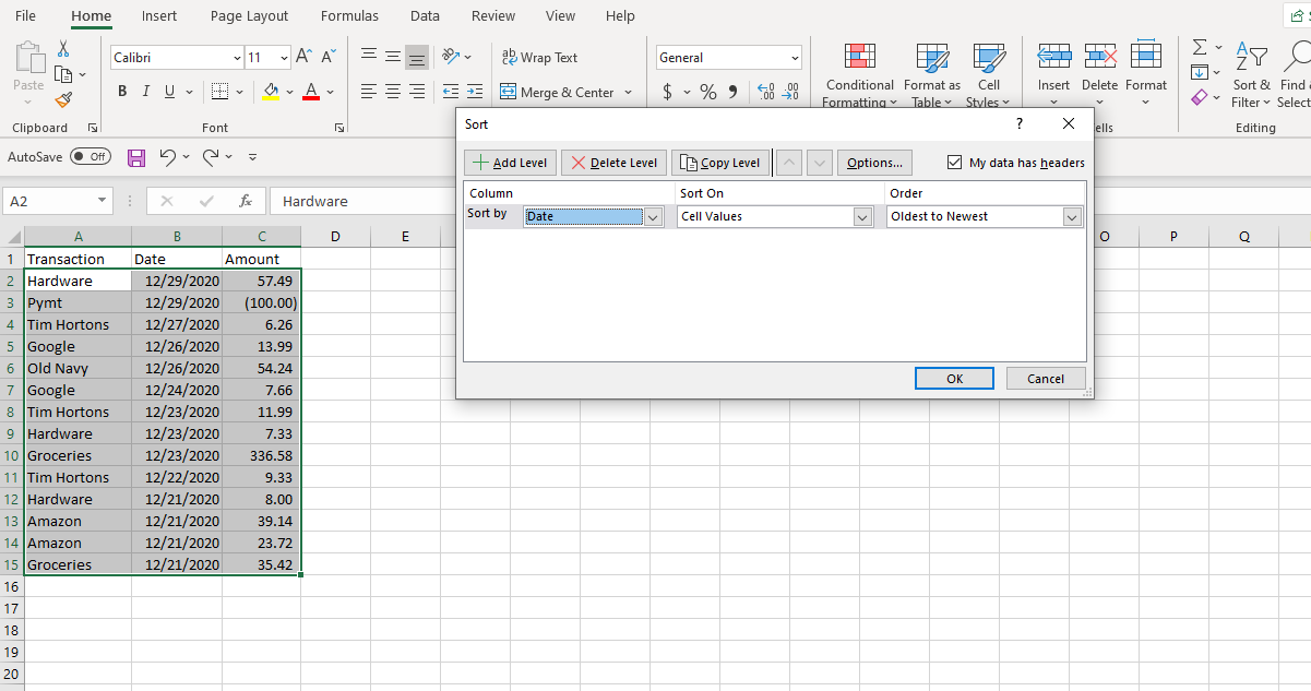 Ảnh chụp màn hình Excel Tùy chỉnh Sắp xếp theo ngày