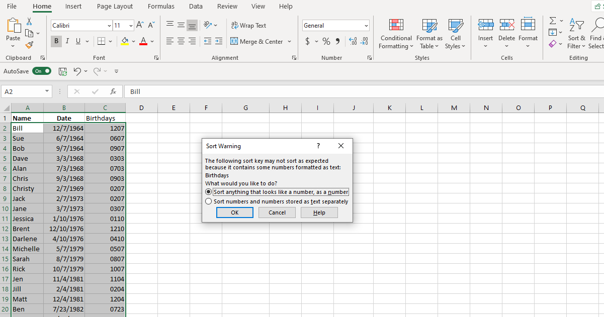 Ảnh chụp màn hình Cảnh báo Sắp xếp Excel