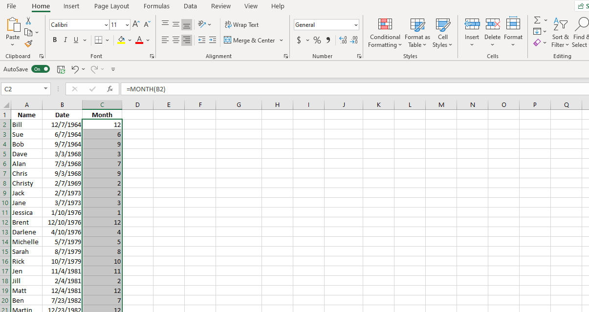 Ảnh chụp màn hình Hàm MONTH của Excel