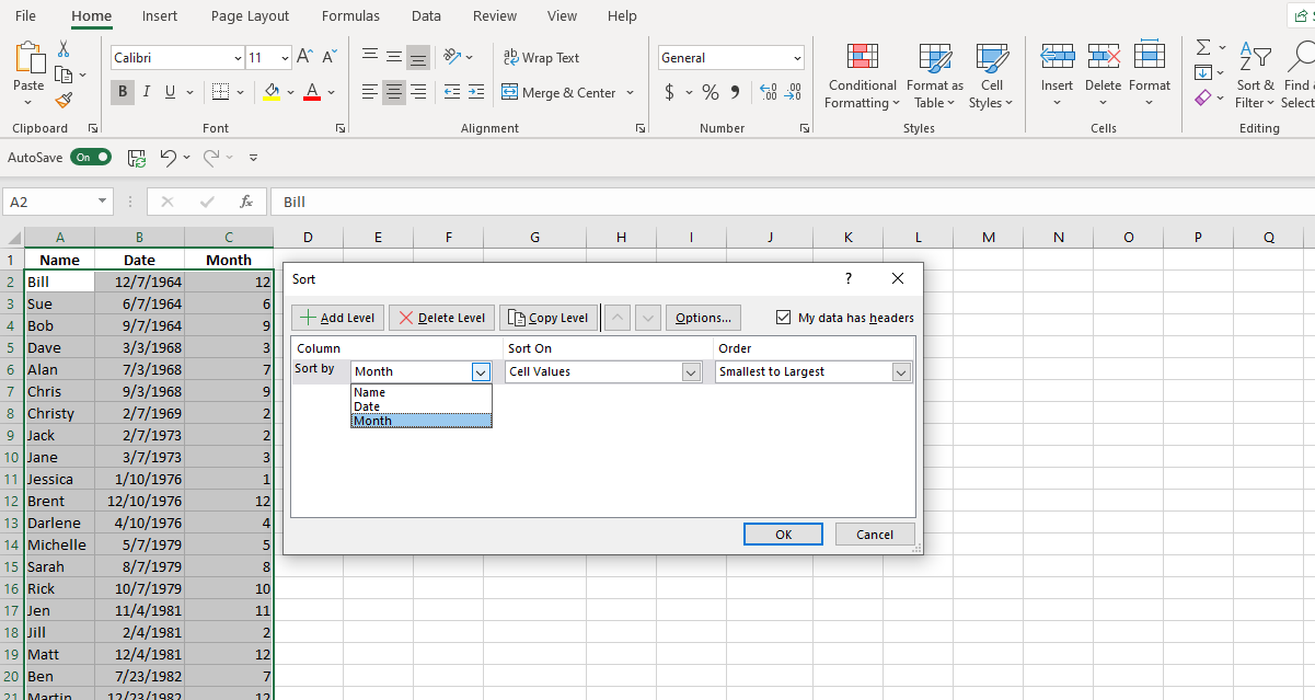 Ảnh chụp màn hình Excel Sắp xếp tùy chỉnh theo tháng
