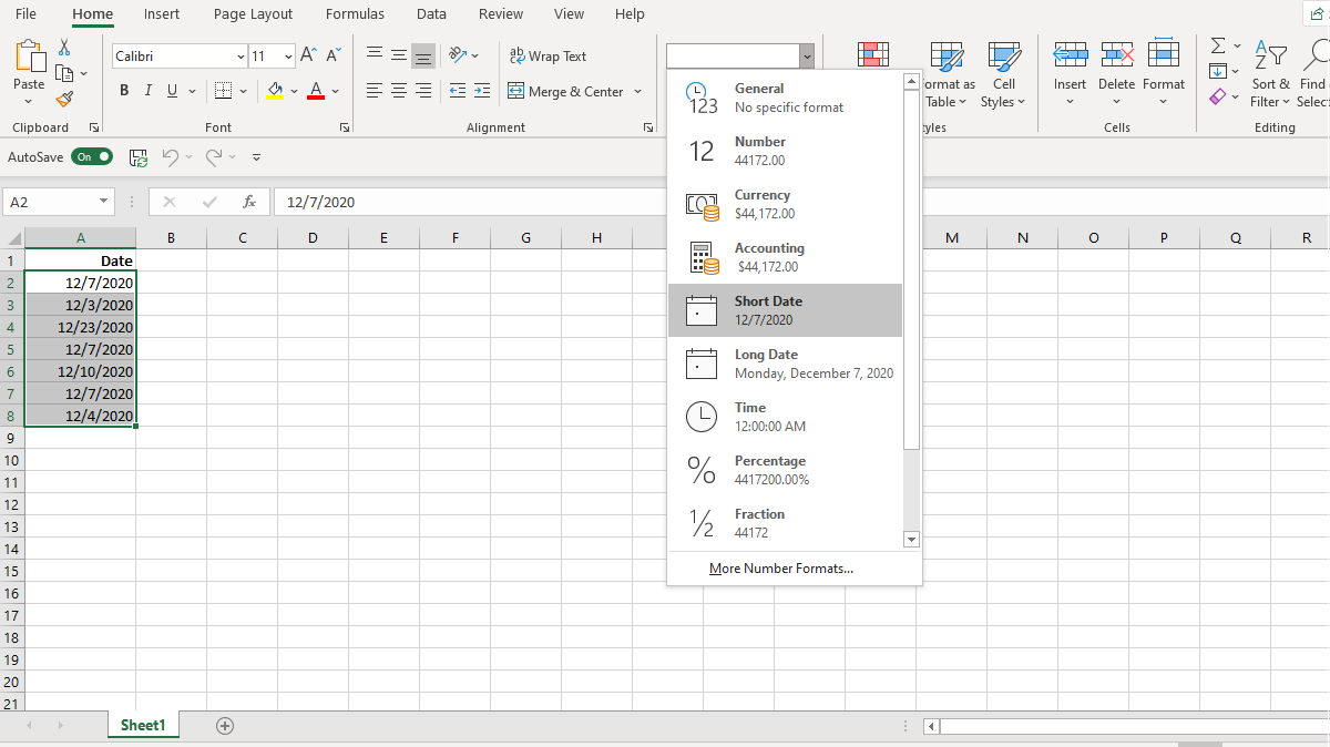 Ảnh chụp màn hình Định dạng ngày Excel