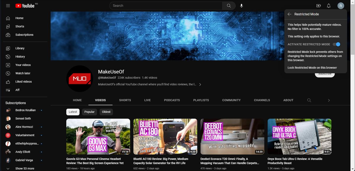 Tắt chuyển đổi cho chế độ hạn chế của YouTube