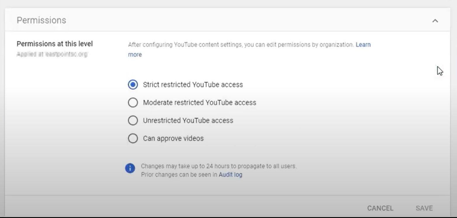 Cài đặt Chế độ hạn chế trên YouTube trong Bảng điều khiển dành cho quản trị viên của Google.