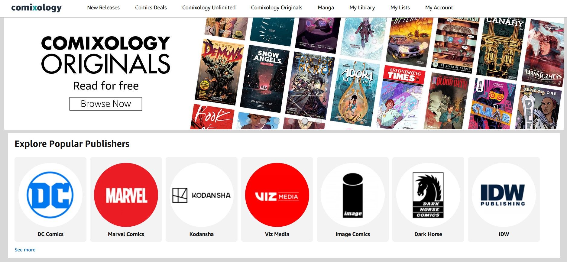 Trang web Amazon Comixology dành cho Truyện tranh