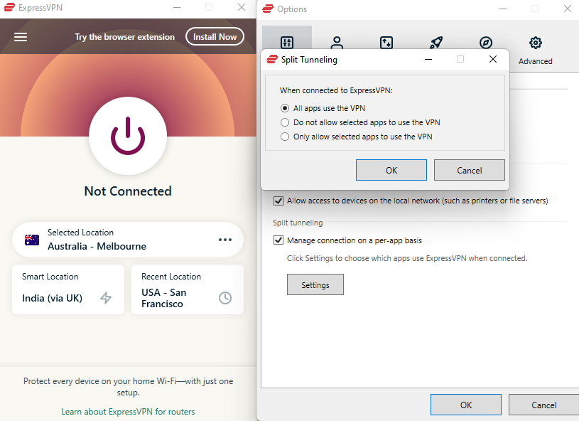 kích hoạt chia đường hầm trên expressvpn