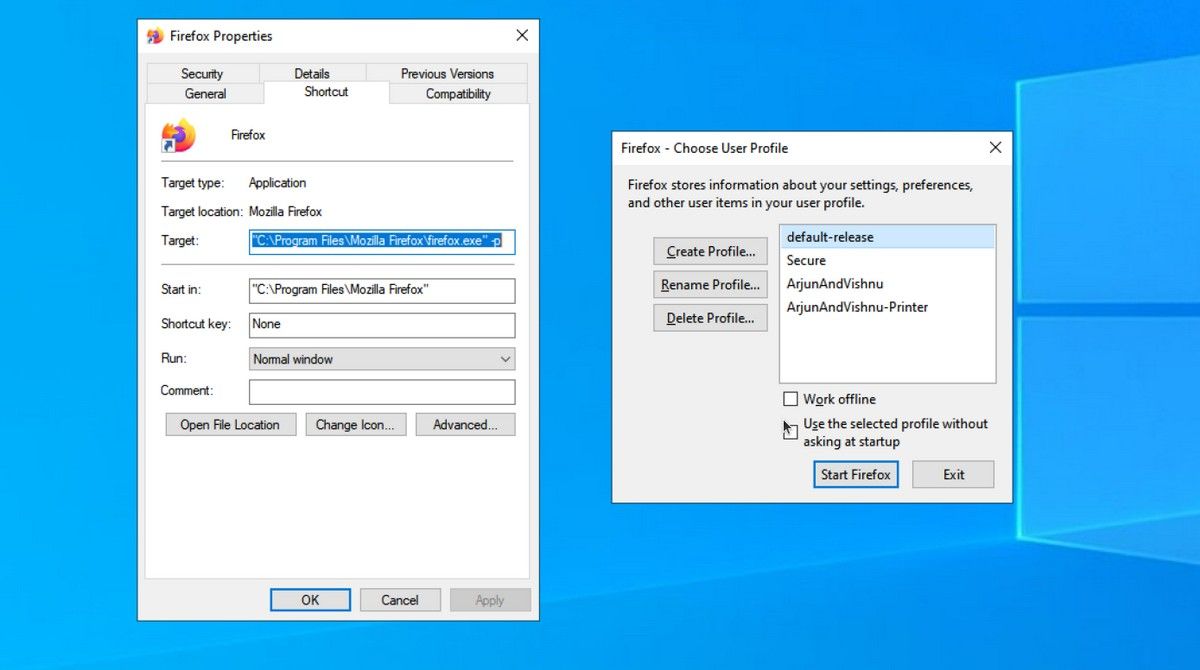 Ảnh chụp màn hình hiển thị Thuộc tính mục tiêu của Firefox để bật lên Chọn hồ sơ người dùng khi bắt đầu