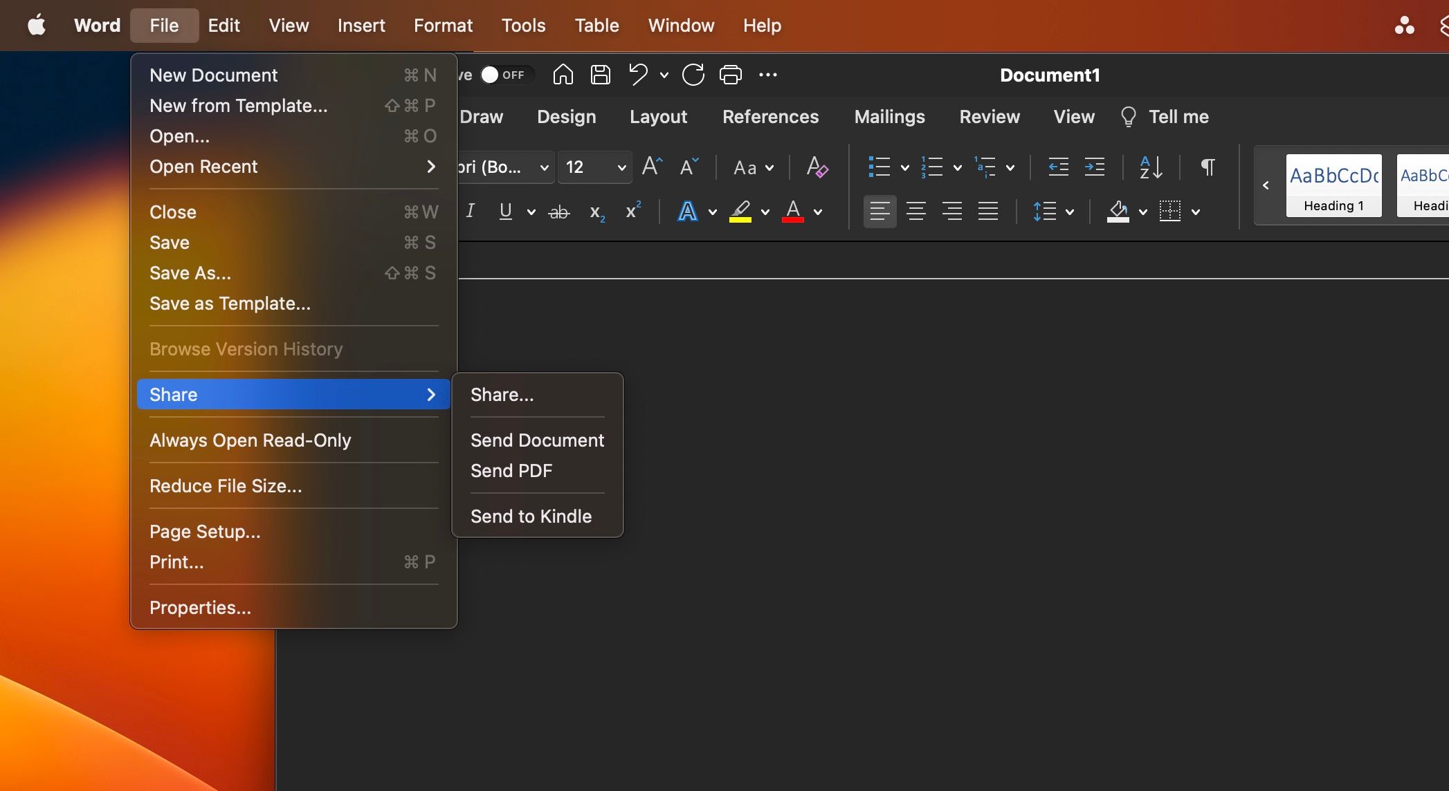 Menu tệp trong Microsoft Word