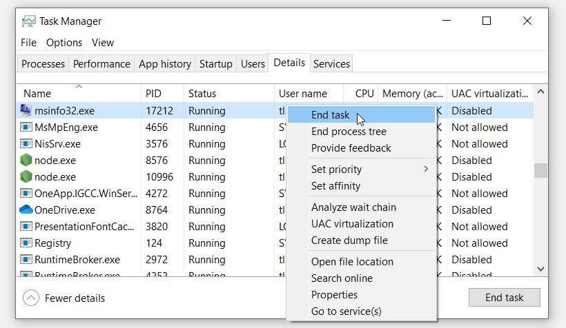 Nhấp chuột phải vào tiến trình msinfo32.exe và chọn Kết thúc tác vụ